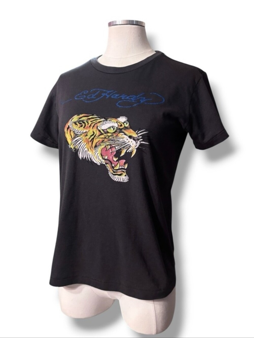 ED HARDY Black Crew Neck Tiger Graphic Glitter Spellout Size Small
